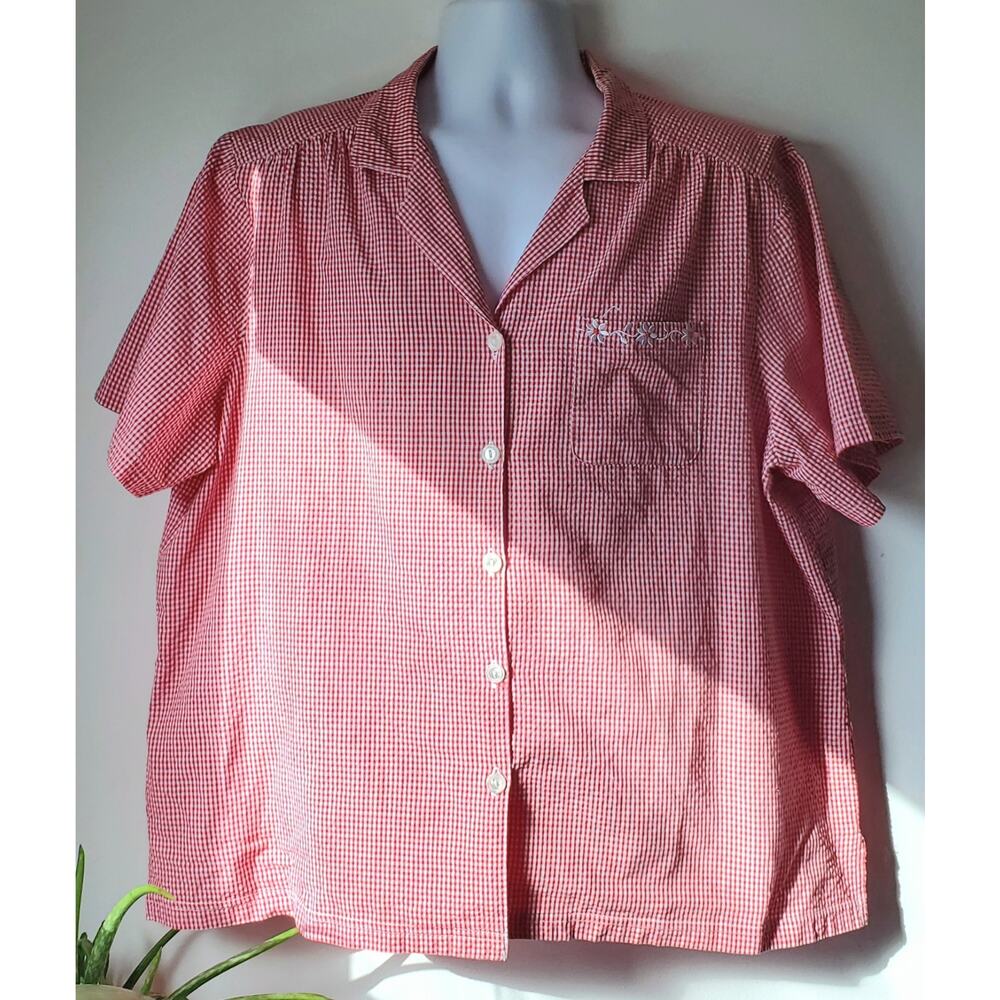 Cathy Daniel's Womens Short Sleeve Red Gingham Seersucker Shirt Size XL Preppu